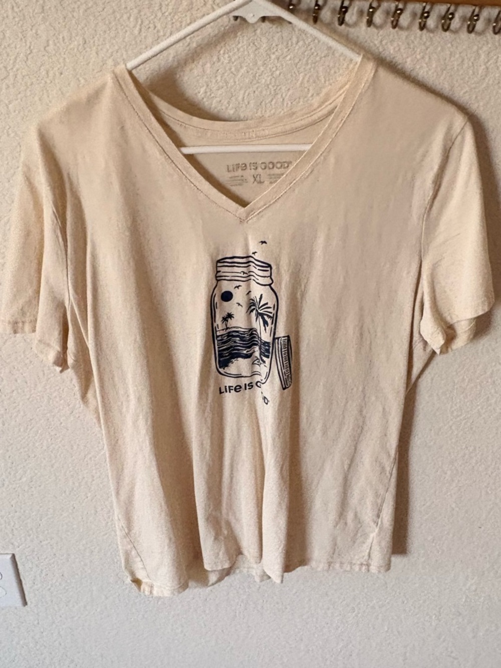 Life Is Good Cream V-Neck Tee with Navy Shell Graphic